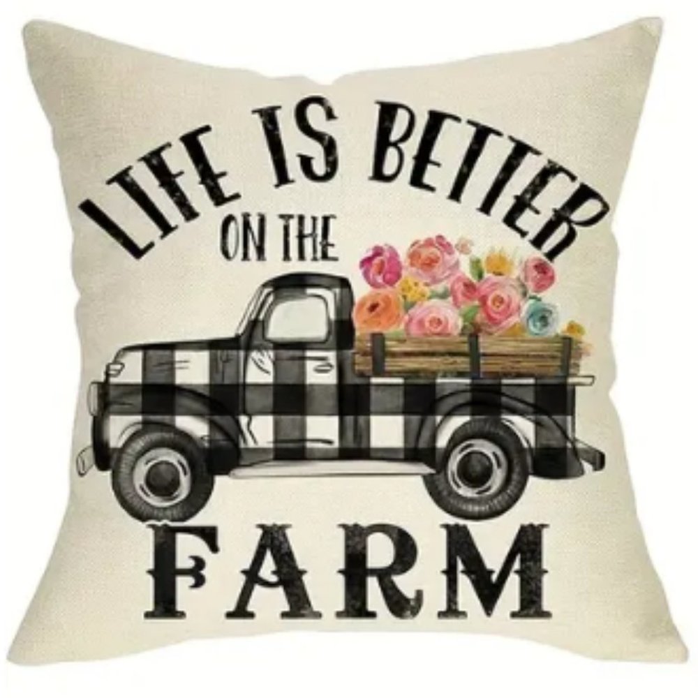NEW BUFFALO CHECK PLAID LIFE IS BETTER ON THE FARM VINTAGE TRUCK PILLOW COVER